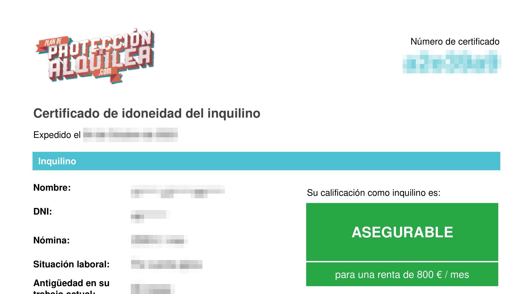 Certificado de idoneidad del inquilino, calificación asegurable